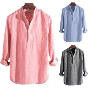Men Vintage Grandad Neck Striped Shirt Top Causal Party Formal Cotton Button Tee - Picture 1 of 14