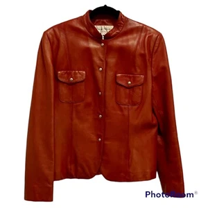 Rena Rowan Red Soft Genuine Leather Jacket Snap Closure Chest Pockets Size 10 - Picture 1 of 12