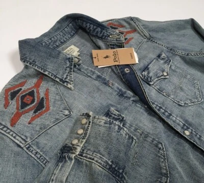 Мужская джинсовая ковбойская рубашка родео Polo Ralph Lauren Southwestern Indian Aztec - Изображение 1 из 4