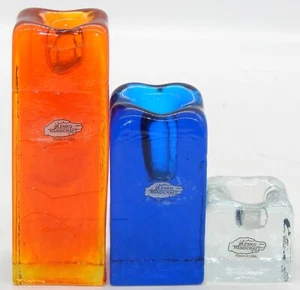Blenko Glass Ice Block Set of (3) Amber Blue Clear Rectangle 2019 Candle Holders - Picture 1 of 11