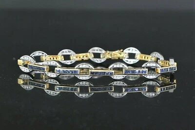 $5,750 14K Solid Yellow Gold Blue Sapphire Round Diamond 7.25'' Tennis Bracelet - Image 1 of 4