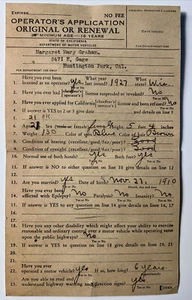1932 California Drivers Vehicle OPERADOR Solicitud de licencia de operador de vehículos Huntington Park CA - Imagen 1 de 10