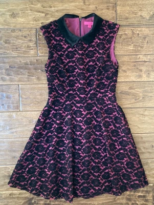 Betsy Johnson Pink Black Floral Velvet Lace Overlay Dress Women's 6 Whimsigoth - Image 1 of 4