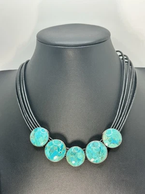 Jay King DTR Turquoise And Rainbow Calsilica Leather Necklace Sterling - Image 1 of 4
