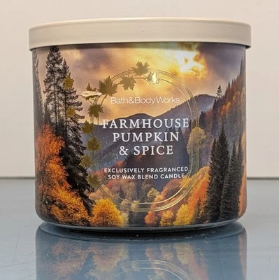 FARMHOUSE PUMPKIN SPICE 3 Wick Candle Bath & Body Works Patchouli Fall Autumn - Image 1 of 4