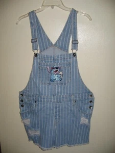 Disney Lilo & Stitch Denim Strip Bib Overalls Shorts Sz M Embroidered Distressed - Picture 1 of 6