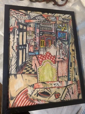 Vintage Abstract Watercolor Street Cafe Scene Titled "Cafe Xpresso" K. Moltram - Image 1 of 4