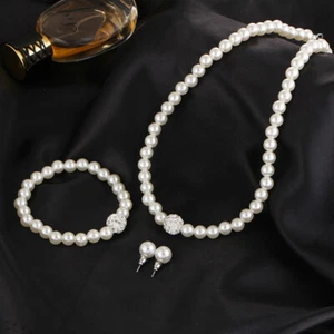 Fashion Women Bridal Wedding Party Pearl Necklace Earrings Bracelet Jewelry Set - Picture 1 of 17