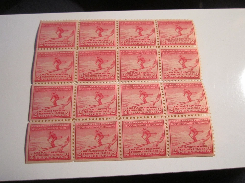 U.S. 1932 III OLYMPIC WINTER GAMES STAMP BLOCK OF 16 STAMPS MINT SHINY GUM SC-1 - Image 1 of 3