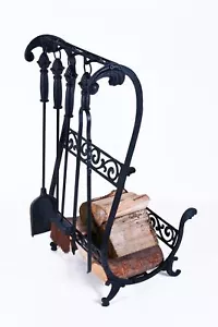 Black Solid Cast Iron Heavy Duty Fireside Log Basket With Tools - Picture 1 of 1