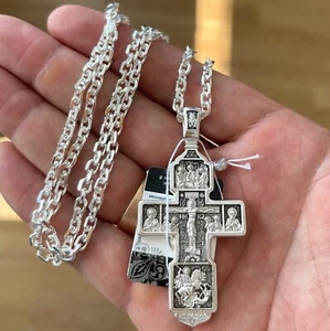 Big Men Silver 925 Orthodox Cross Necklace Christian Anchor Chain 70cm Long New - Picture 1 of 5