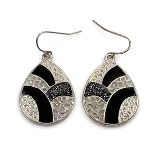 Silver Tone Teardrop Openwork Black Enamel Wire Dangle Drop Fashion Earrings - Picture 1 of 12