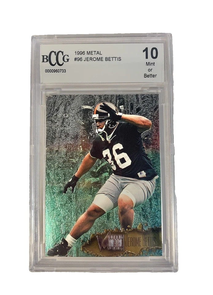 1996 Fleer Metal Football Card 96 Jerome Bettis Pittsburgh Steelers BCCG 10 Mint - Image 1 of 3