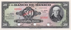 Mexico 500 Pesos Specimen 02.08.1974 Series BYN Uncirculated Banknote - Picture 1 of 2