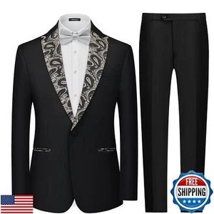 MAGE MALE Mens 2 Piece Suit Paisley Floral Peak Lapel One Button Slim Fit Tux - Picture 1 of 5