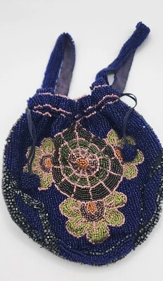 Antique 1920's Glass Seed Beaded Purse Evening Bag Blue Green Floral Drawstring - Image 1 of 4