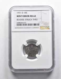 Mint Error MS62 1971-D Roosevelt Dime REV Struck Thru NGC *1870 - Picture 1 of 3