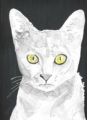 Chat-Cat-Katze-AQUARELLE ORIGINALE-Wall Art,Decor,Peinture,Oiseau,Coquillage • 97.06€