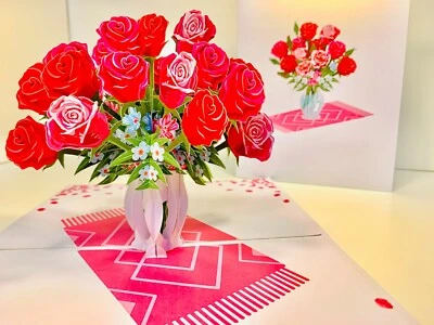Classic Red & Pink Roses in a Vase Thank you Birthday 3D Pop Up Greeting Card - Image 1 of 4