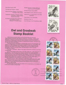 USPS Souvenir First Day Of Issue Comm Stamp 5/28/88 Owl & Grosbeak 25c - Picture 1 of 1