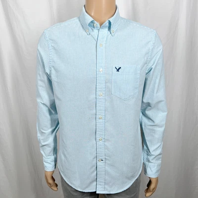American Eagle Mens Medium Light Blue Striped Classic Fit Oxford Button-Up Shirt - Image 1 of 4