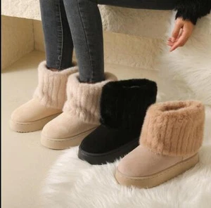 Shoes for Women Winter Women's Boots Black Round Toe Solid Flock Plush Warm Mid - Picture 1 of 26