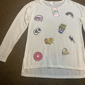 Oh MG! Whimsy Emoji Top Sequin OMG Pizza Fries Donut Womens Large Jr LS White - Picture 1 of 10