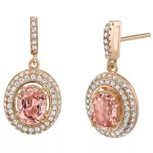 Simulated Morganite Gemstone Halo Dangle Earrings in Rose-tone Sterling Silver - Picture 1 of 4