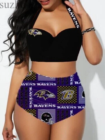 Baltimore Ravens Women's 2PCS Bikini Set Push Up Swimsuit Beach Halter Swimwear Cover