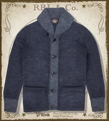 RRL Ralph Lauren Men's Blue Indigo Shawl Cardigan Marled Cotton-Wool USA Made - Image 1 of 3