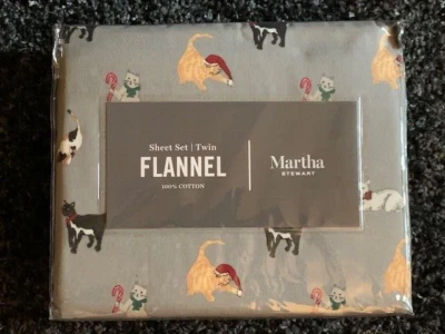 Martha Stewart Adorable Navidad Gato Gatito Gris Franela Juego Doble Nuevo con Etiquetas Foto 1 de 3