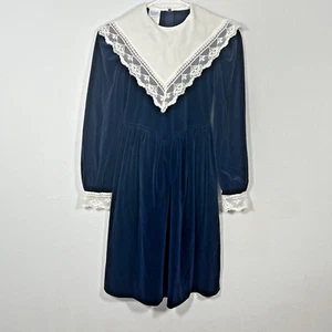Vtg Bonnie Jean Dress Girls 12 Navy Velvet Lace Puritan Mormon Cottagecore - Picture 1 of 6