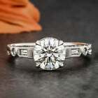 Round Cut Side Stone Moissanite Art Deco Engagement Ring In 9k Solid White Gold