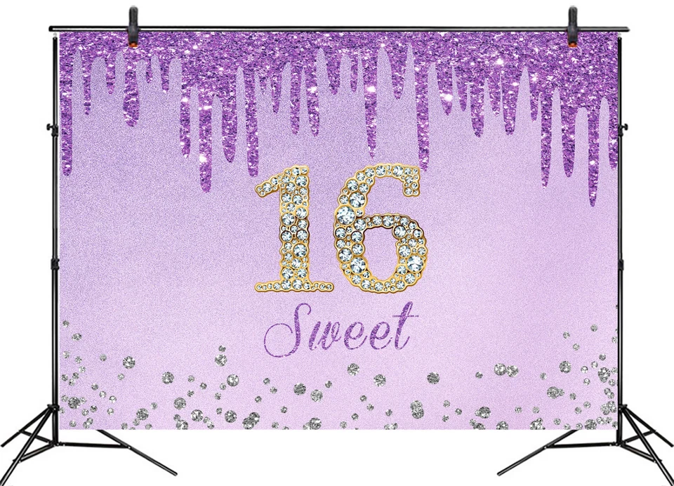 10x8ft Sweet Purple Girl Happy 16th Birthday Vinyl Backdrop Photo Background - Image 1 of 4