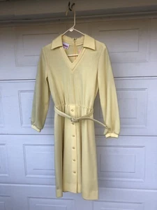 Vtg Yellow Checkaberry Sz 12 Dress Polyester/Wool Belt Zipper 70’s Long Slv Cute - Picture 1 of 9