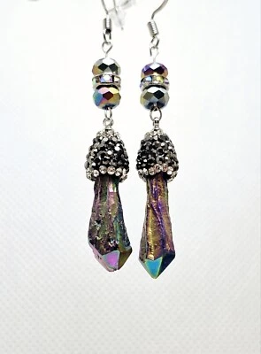 Handmade Electro Plated Quartz Stone with Black Pave Crystal Dome Earrings  - Изображение 1 из 4