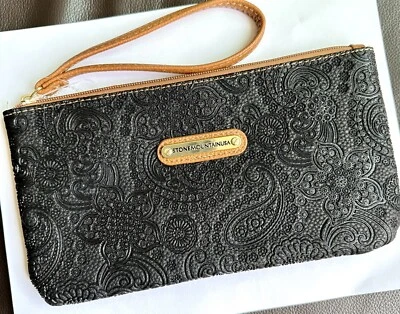 Stone Mountain 大号浮雕佩斯利腕带黑色粘合皮革修身拉链 — 第 1/4 张图片