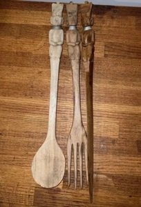 Handgeschnitzte Holz Afrikanischer Stamm Dekorative Gabel Messer Utensilien mit Köpfen 3 Stück - Bild 1 von 3