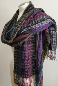 Vintage Scarf Purple Black Red Blue Gold Ruched 16x70" Fringe Stripes Gathers - Picture 1 of 8