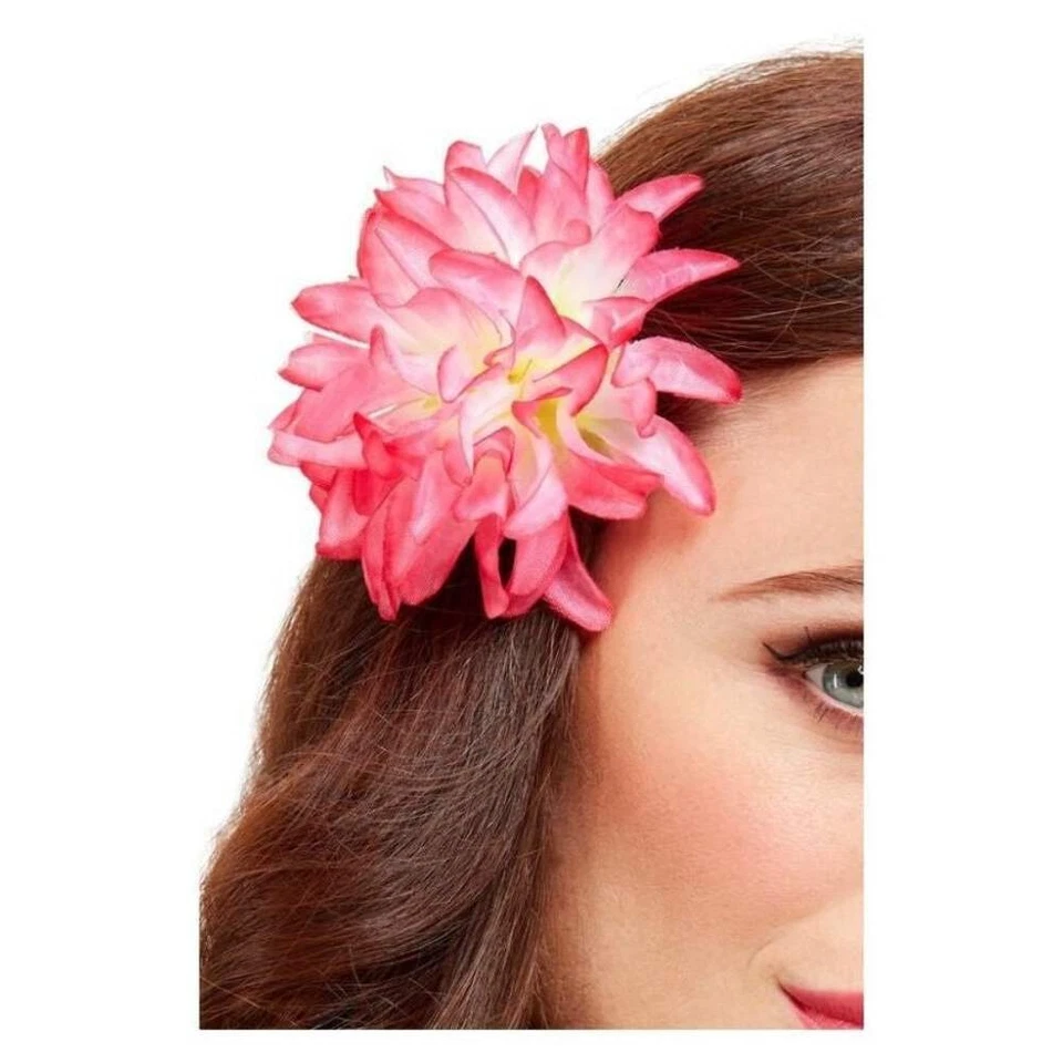 Clip de pelo tropical con flores hawaianas rosa con reflejos amarillos disfraz de festival Foto 1 de 1