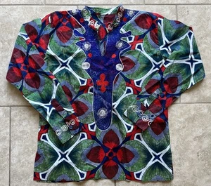 Men’s Dashiki Long Sleeve Shirt L/XL Vintage Embroidered African Print Hippy - Picture 1 of 9