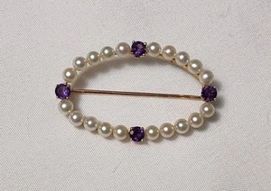 Vintage ovale 14k Gelbgold Perle & Amethyst Brosche Anstecknadel 6g - Bild 1 von 14