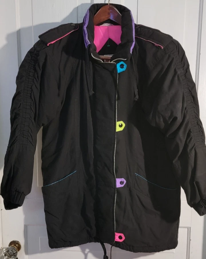 Jaqueta de esqui neon anos 80 vintage preta rosa verde bufante inverno quente bolsos médios - Imagem 1 de 4