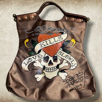 Bolsa tote vintage Ed Hardy Love Kills Slowly Y2K Christian Audiger - Imagem 1 de 4