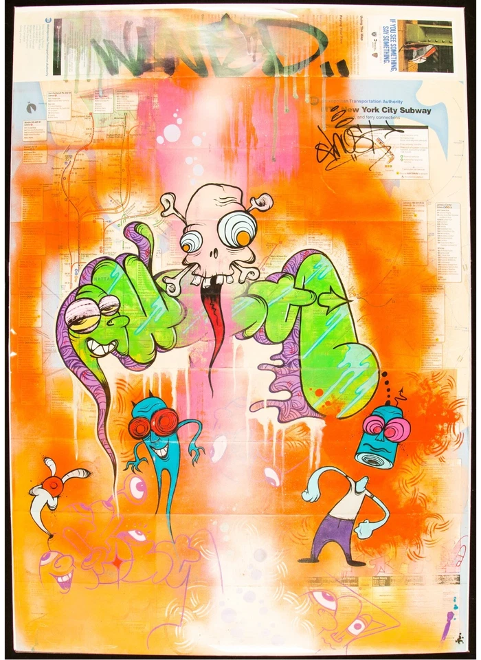 GHOST RIS ORIGINAL painting on an NYC Metro map Graffiti Street Art Masterpiece - Image 1 of 1
