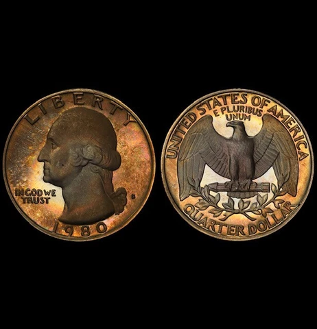 PR68DCAM 1980-S 25C Washington Proof Quarter, PCGS Secure- Vivid Rainbow Toned Cover