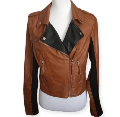 NEW LOOK COGNAC & BLACK MOTO JACKET SZ.L EUC. - Image 1 of 4