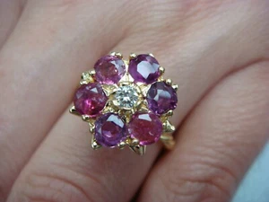 GORGEOUS 14 KT GENUINE RUBIES AND DIAMOND HIGH SET FLOWER LADIES RING - Picture 1 of 10