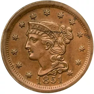 1851 N-4 R-1 ANACS AU 50 Braided Hair Large Cent Coin 1c - Picture 1 of 2