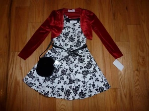 Girls Black & White Dress with Red Velvet Jacket & Faux Fur Purse Size 5 NWT - Picture 1 of 2